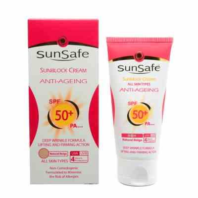 SunsafeNaturalBeige.jpg کرم ضدآفتاب ضدچروک spf50 (بژ طبیعی) _ سان سیف